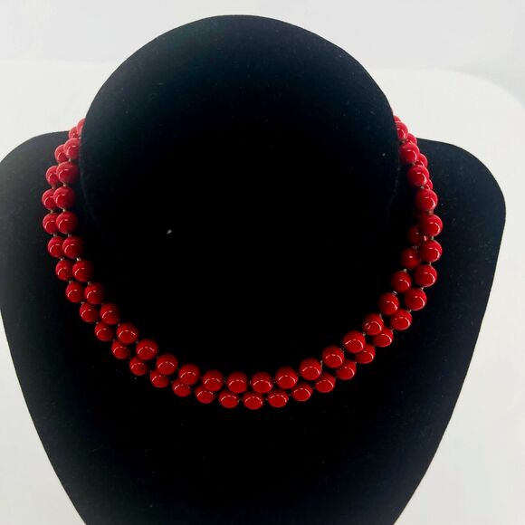 Oops A Daisy Signed Red Enamel Necklace Ball Chain Vintage Beads 25" Strand - Picture 2 of 9